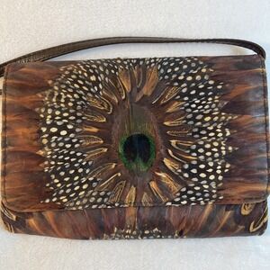 Vintage Genuine Peacock Feather Purse by Comeco Handbag Clutch w/ Strap Snap